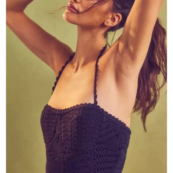 Free people Midi Dress Women Bodycon Black Dahlia Crochet Halter Slit Side Sz M - Picture 4 of 10